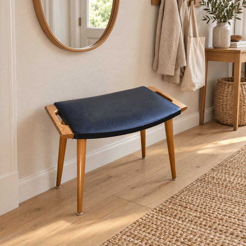 Retro krakk i teak med mørkt polstret sete